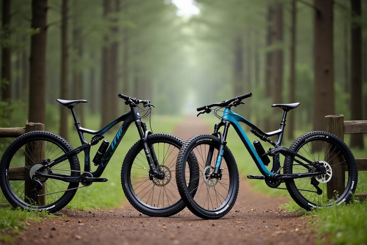 Mountain bike front e full affiancate su un sentiero nel bosco