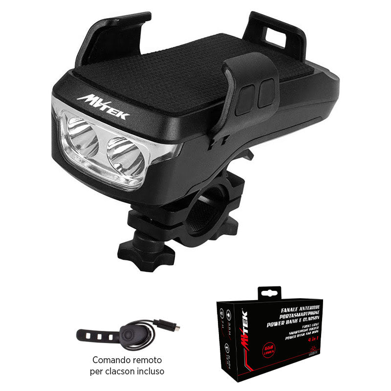 Fanale Anteriore LED Portacellulare Power Bank Clacson 650LM USB Nero