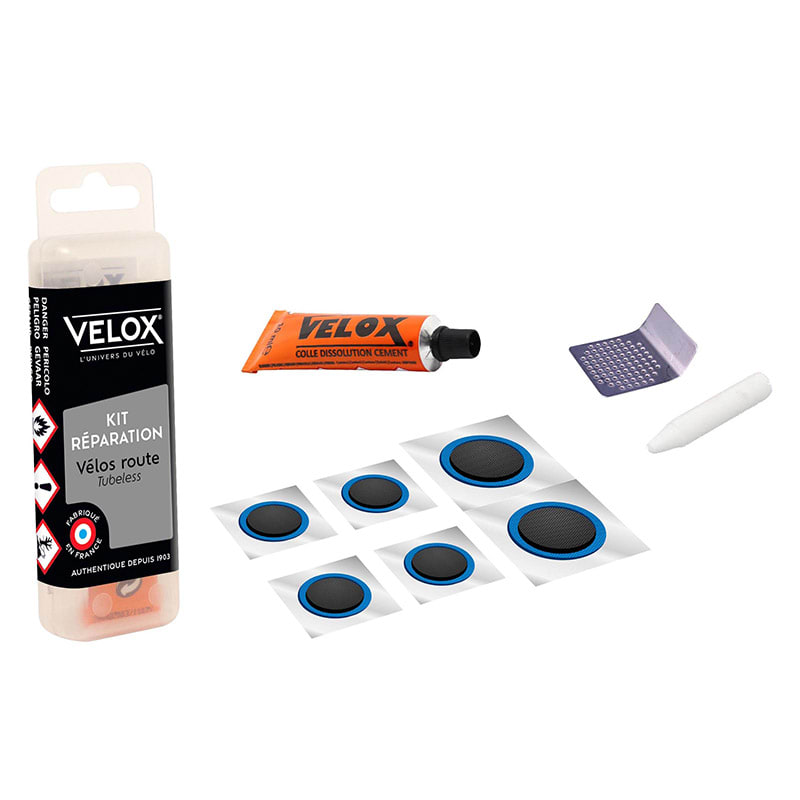 KIT Ripara Tubeless ROAD: 1 Mastice +1 Raschietto +6 Pezze +1 Gessetto