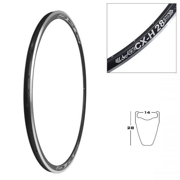 Drc - Cerchio CX-H28 , in alluminio per rim brake, colore nero con pista frenante silver, larghezza canale 14mm, altezza 28mm, peso 490 gr, per corsa - 28", 18 fori