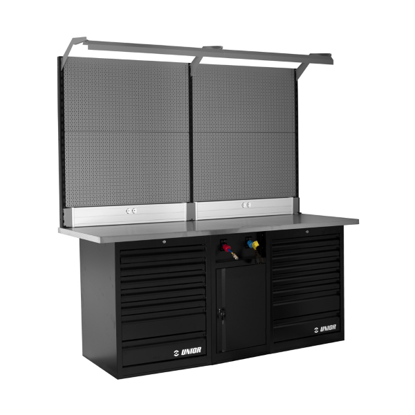 Unior - Banco lavoro vuoto fronte completo TECH BENCH 990TB1 con due cassettiere, power support, schienale e luci - 2 m