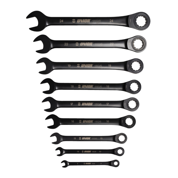 Unior - Set 9 chiavi combinate a cricchetto 160/6CB - 8-24 mm, nero