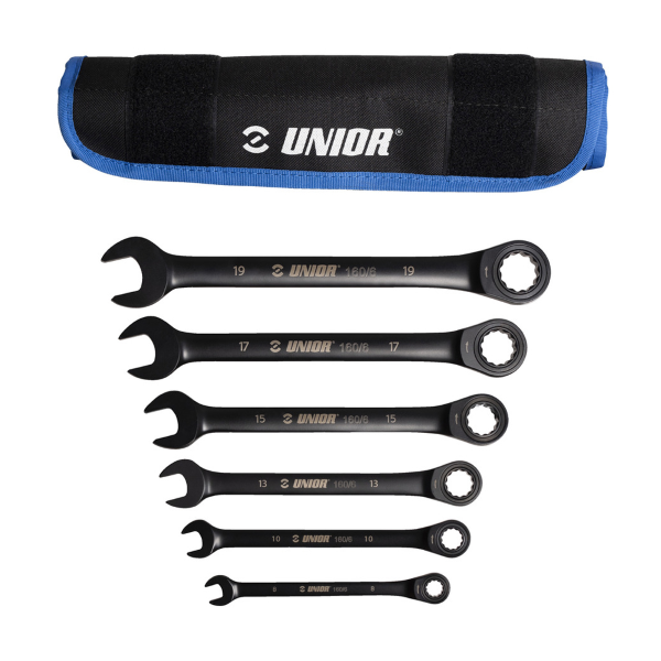 Unior - Set 6 chiavi combinate a cricchetto 160/6CT con borsa - 8-19 mm, nero